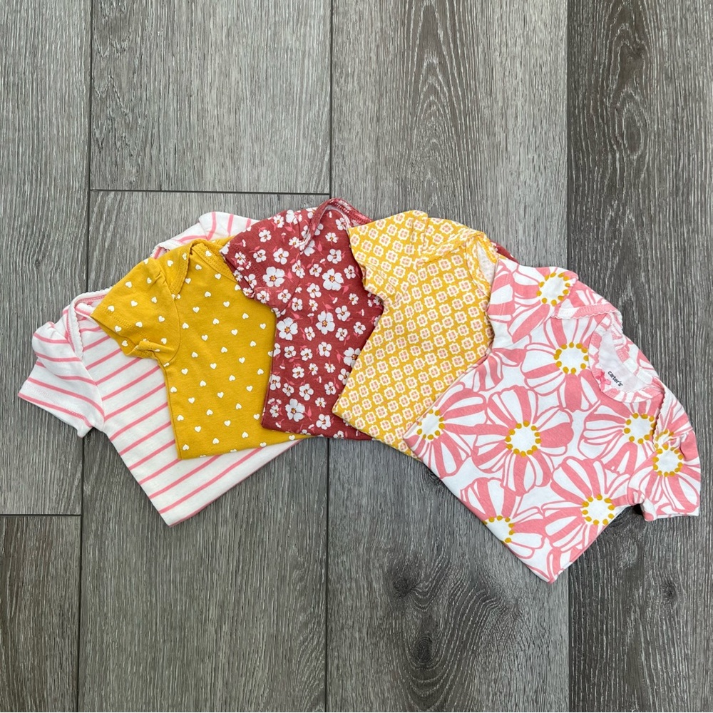 CARTERS SET OF 5 SHORT SLEEVE BODYSUITS PINK YELLOW FLORAL 12MO